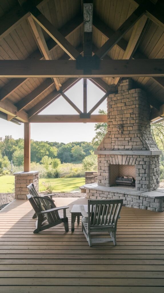 A covered pavilion featuring prominent dark timber trusses and a high gabled roof overlooking a field. A tall, stacked stone fireplace stands centrally. Two dark wooden Adirondack-style chairs sit on the wood plank decking.