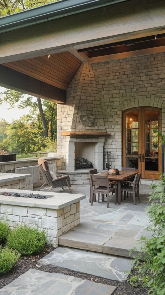A covered patio extension with stacked stone walls and a wood-planked ceiling. A stone fireplace with a wood mantel is visible, alongside a separate, adjacent raised stone fire pit. The floor is paved with large, dark flagstones.