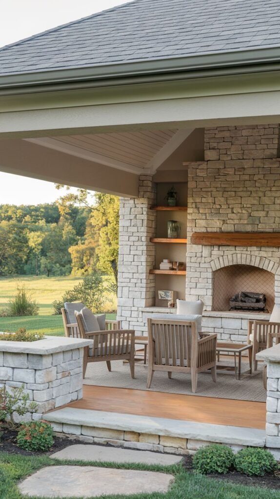 A covered porch with a gray shingled roof and white ceiling. The walls and fireplace are built of light, stacked stone. The fireplace has an arched brick firebox and wood mantel, flanked by built-in wooden shelving. Wooden seating rests on a deck floor.