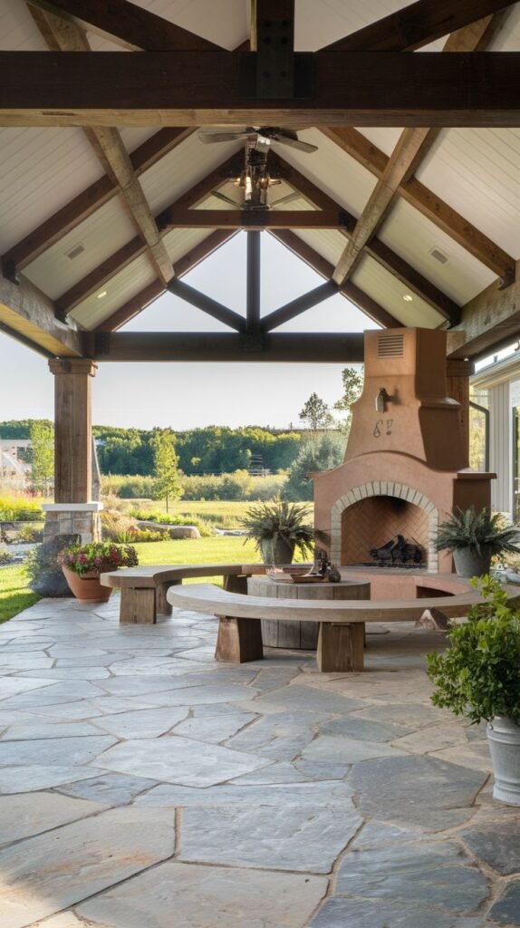 A large covered pavilion with exposed dark timber framing and white ceiling panels. A terracotta-colored stucco fireplace features a brick arch and sits opposite long, curved stone benches. The floor is irregular gray flagstone.