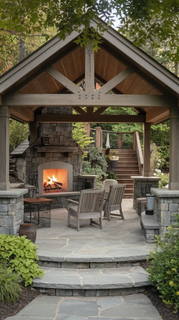 A covered, rustic pavilion nestled in trees, featuring timber trusses and stacked stone walls. The stone fireplace is visible, and the entrance features tiered, irregular stone steps. Wooden chairs are arranged facing the hearth.
