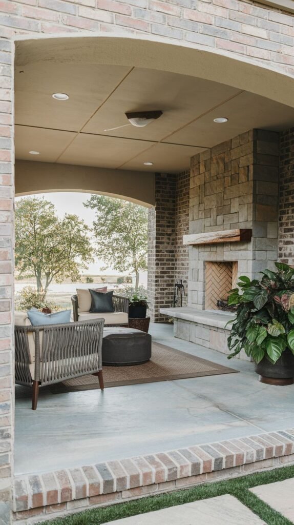 A covered back porch with wide brick archways and a smooth, recessed ceiling. A large fireplace is constructed with light stacked stone and a herringbone brick firebox. Comfortable woven seating and a large potted plant are arranged on the concrete floor.
