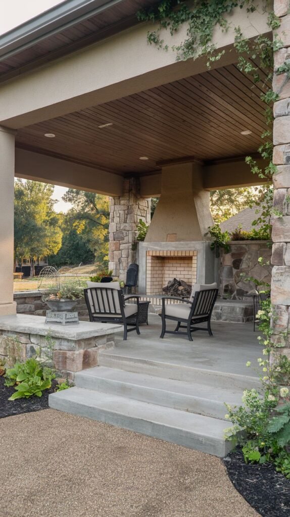 A covered outdoor area with smooth stucco walls and columns clad in stone veneer. A fireplace combines a stone base and a smooth, tapered stucco chimney hood. Concrete steps lead up to the seating area furnished with dark metal chairs.