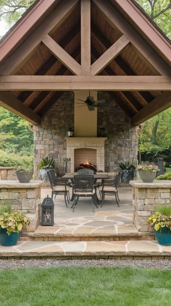 A covered outdoor dining pavilion with a timber-framed gabled roof. A large stone fireplace anchors the far wall, featuring a smooth stucco section on the chimney. A dark metal dining set is positioned on natural flagstone pavers, surrounded by low stone pillars/planters.
