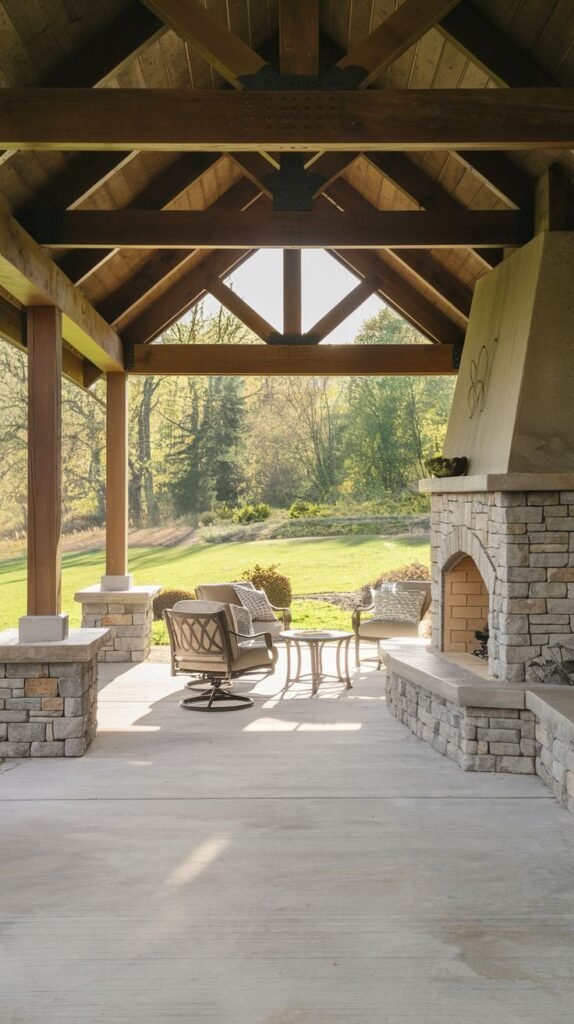 A spacious covered pavilion with dark timber trusses and a massive concrete slab floor. A stone fireplace with a long, smooth hearth extension and a stucco hood faces out onto a wide lawn. Two dark swivel chairs are arranged for lounging.
