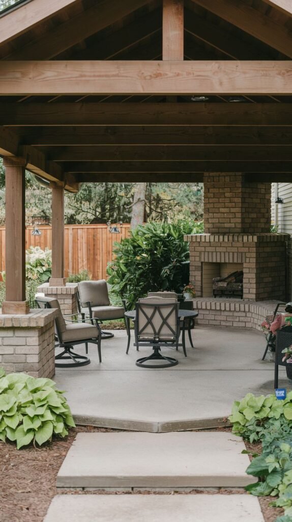 A covered backyard patio defined by low brick knee walls and a sloped wood ceiling. A traditional fireplace is constructed entirely of light-toned brick. The seating area features modern swivel chairs on a smooth concrete pad.