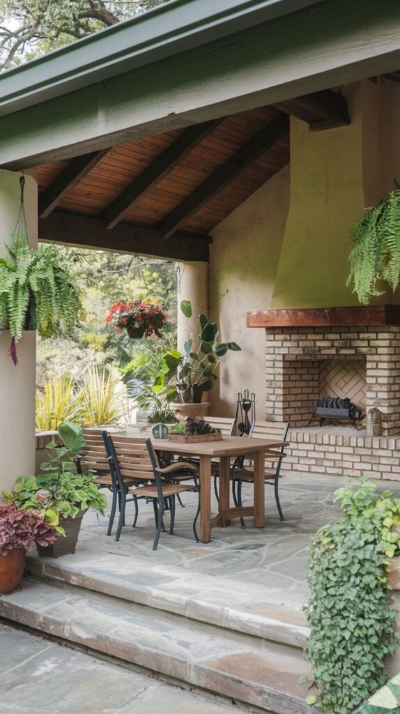 A deeply covered porch with a sloped wood plank ceiling and abundant hanging and potted greenery. The fireplace uses brick for the firebox and a contrasting smooth, earthy stucco hood. A wooden dining set sits on irregular flagstone steps and flooring.