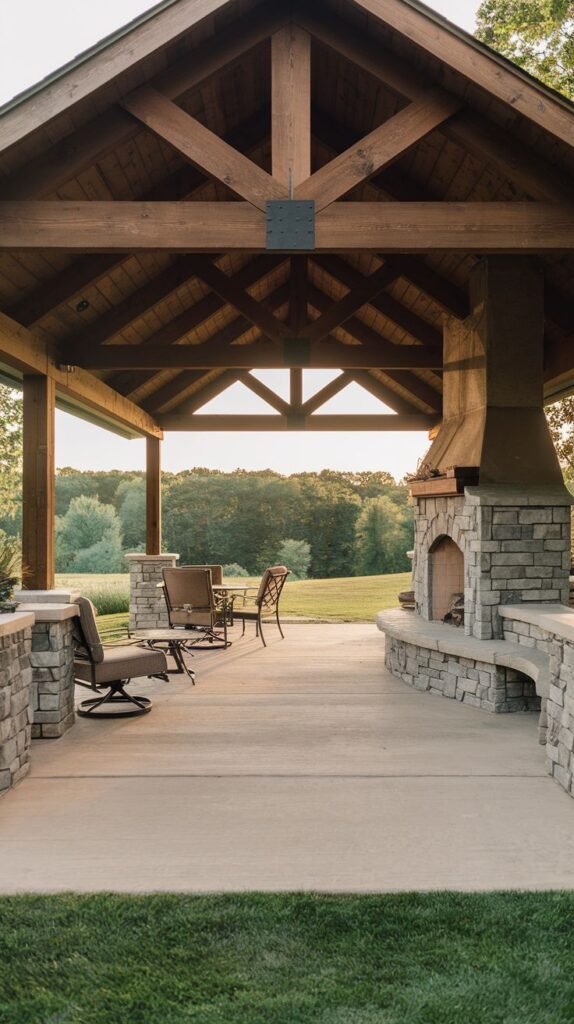 An expansive gabled pavilion showcasing heavy wooden truss work overlooking a distant forest. The floor is a wide concrete slab. A stacked stone fireplace with a prominent stucco hood and large hearth sits to the right, facing cushioned lounge seating.