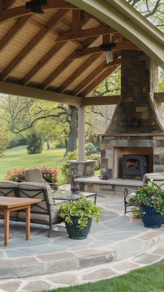 A covered, semi-circular patio area with a wooden ceiling and sloped roof. The central fireplace is built of mixed stone and includes a black cast iron wood stove insert. Comfortable cushioned lounge seating is arranged on irregular flagstone paving.