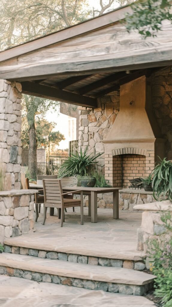 A covered patio enclosed by stacked stone walls and columns. The fireplace features a stone base and an earthen-toned stucco hood over a brick firebox. Wooden steps lead up to the area furnished with a wood dining set.
