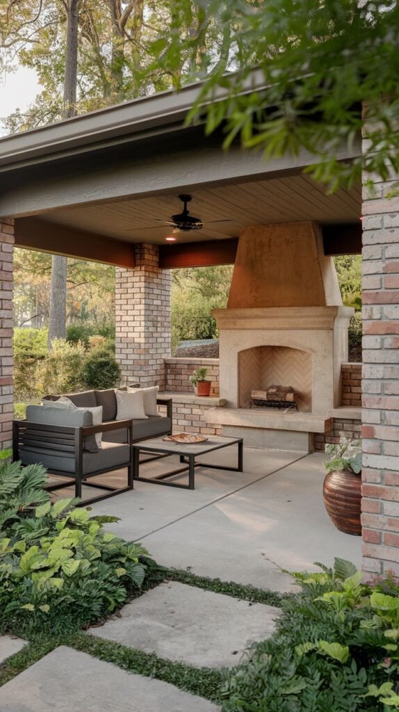 A modern covered patio defined by brick pillars and a flat ceiling. The fireplace features a smooth stucco chimney hood over a herringbone brick interior and a low hearth. Dark, contemporary seating sits on the concrete floor, leading to modern stepping stones and landscaping.