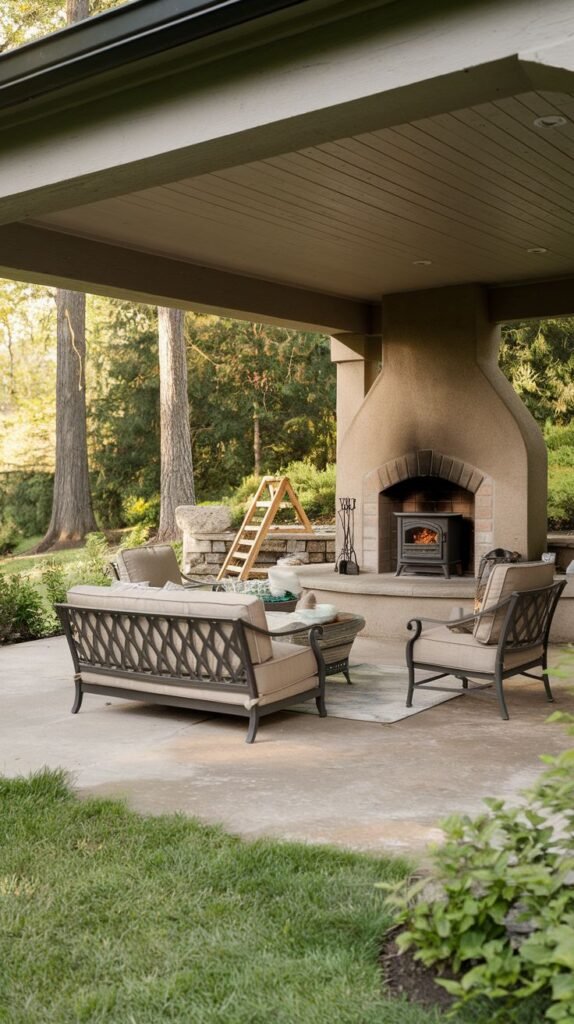A covered patio with a flat roof structure and smooth concrete floor. A smooth, arched stucco fireplace chimney houses a compact black wood stove insert. Light-cushioned metal seating is arranged on a small patterned rug.