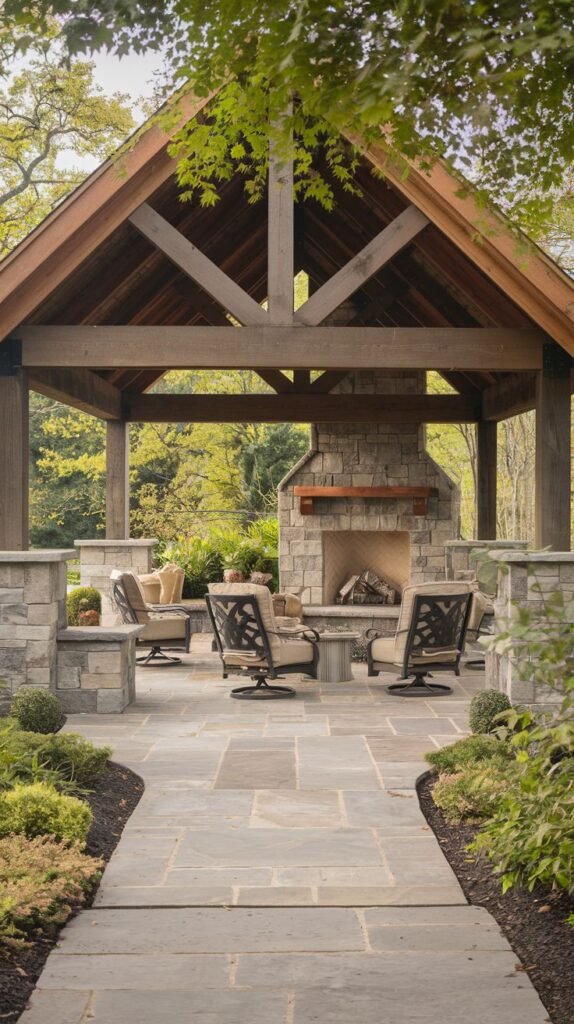 A timber-framed pavilion entered via a straight pathway of dark rectangular flagstones. The structure has stacked stone columns and walls. A stone fireplace with a wood mantel anchors the back wall, surrounded by swivel chairs.