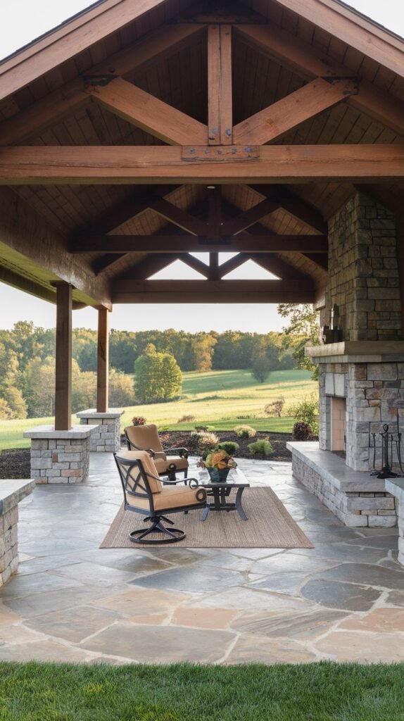 A grand pavilion with heavy timber framing and a wide, open view of rolling fields. The floor is irregular, multi-colored flagstone. A massive stone fireplace with a long stone hearth extension and wood mantel sits to the right, facing cushioned lounge chairs.