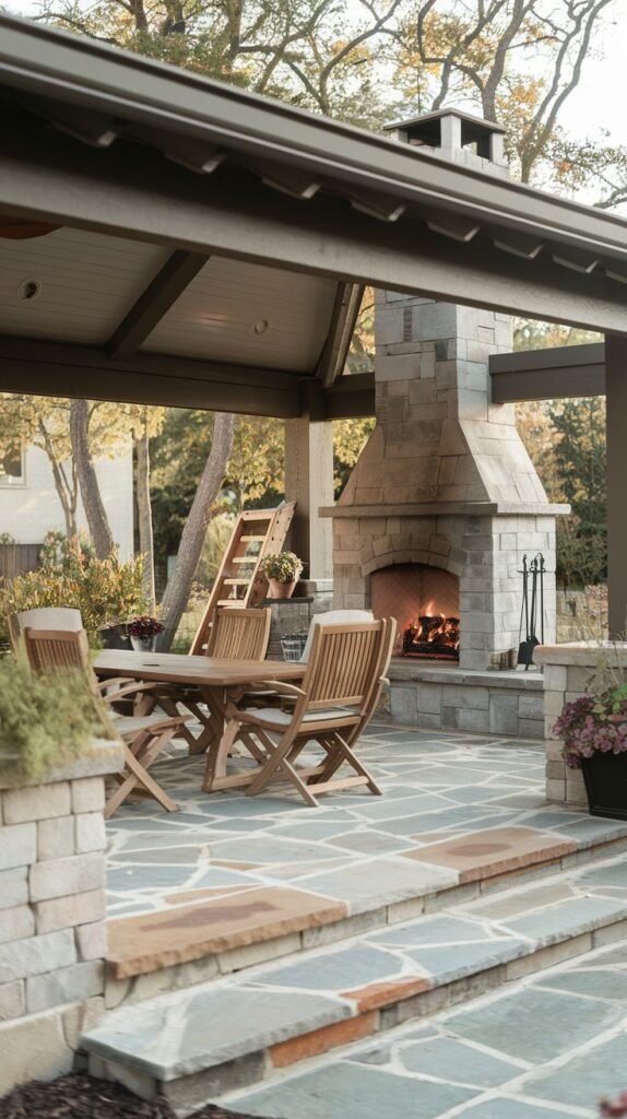 A covered patio with a stone fireplace and a substantial chimney stack. The floor is tiered, featuring dark, irregular flagstone steps leading up to the main patio area. A natural wood folding dining set is placed near the hearth.