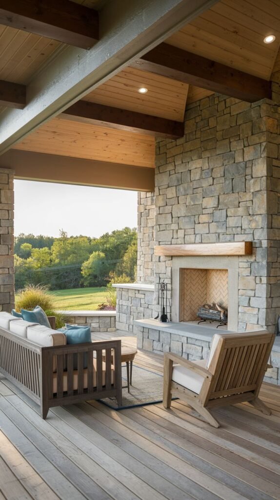 A covered patio with a wide plank wood deck floor and exposed ceiling beams. The wall and fireplace are clad in light stacked stone. A wooden bench and armchair with light cushions face the hearth, which has a simple wood mantel.