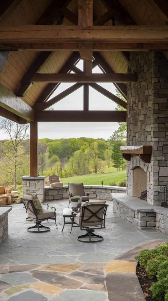 A rustic pavilion with high, exposed timber trusses overlooking a wooded hillside. The floor is large, irregular flagstone. A stone fireplace with a wide hearth extension anchors the space, surrounded by stone knee walls and lounge chairs.