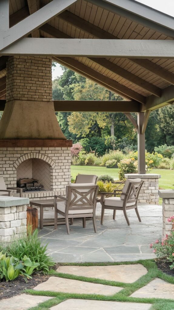 A covered pavilion with a sloped wooden ceiling. The fireplace features a red brick chimney base and a smooth, tapered stucco hood. The floor consists of large, irregular flagstone pavers separated by sections of green grass/ground cover.