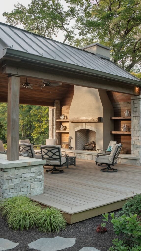 A modern covered deck with a gray metal roof and wood ceiling, set on a wide wood plank floor. The fireplace features a smooth stucco chimney hood and light stacked stone base. Integrated wooden shelves are built into the stacked stone wall flanking the hearth.