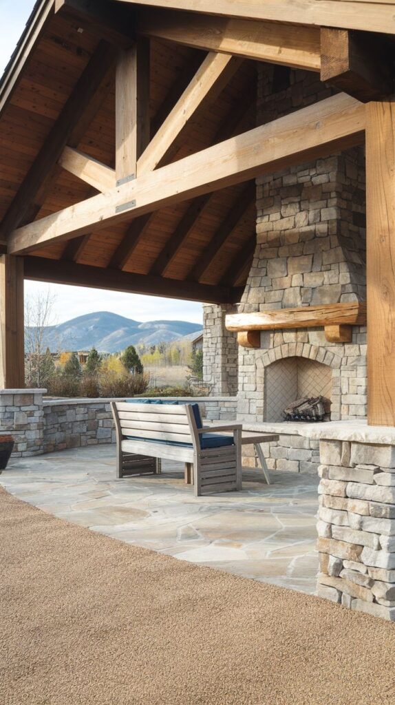 A covered pavilion with heavy timber trusses offering a view of mountains. Stacked stone columns and low walls define the area. The stone fireplace features a wood mantel and a wooden bench with a blue cushion is positioned near the center on flagstone pavers.