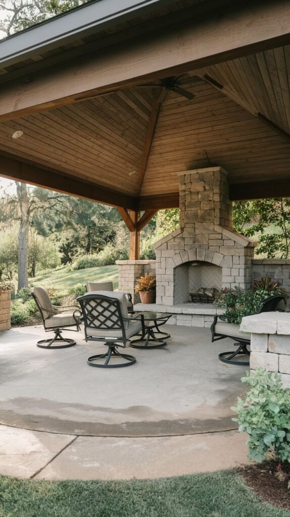 A covered, semi-circular pavilion with a wood plank ceiling and ceiling fan. A central stacked stone fireplace anchors the concrete floor area. Four dark metal swivel chairs are arranged conversationally around the hearth.