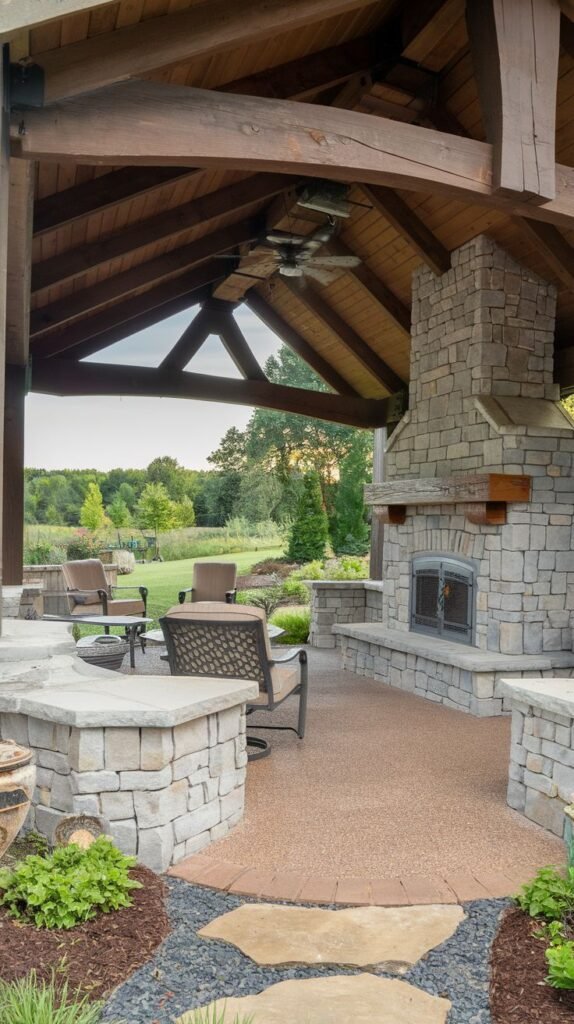 A covered timber-framed pavilion featuring stone columns and low walls. The stacked stone fireplace includes a metal fire screen. The entrance is marked by stepping stones leading over a mulch bed to an aggregated/gravel section within the patio.