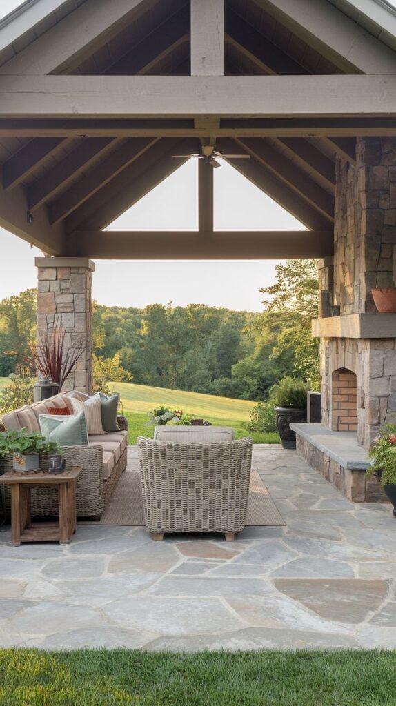 A covered pavilion with a gabled roof structure and thick stone pillars. A stacked stone fireplace with a brick firebox interior is visible. Light woven wicker seating is arranged on a natural fiber rug atop irregular flagstone pavers.