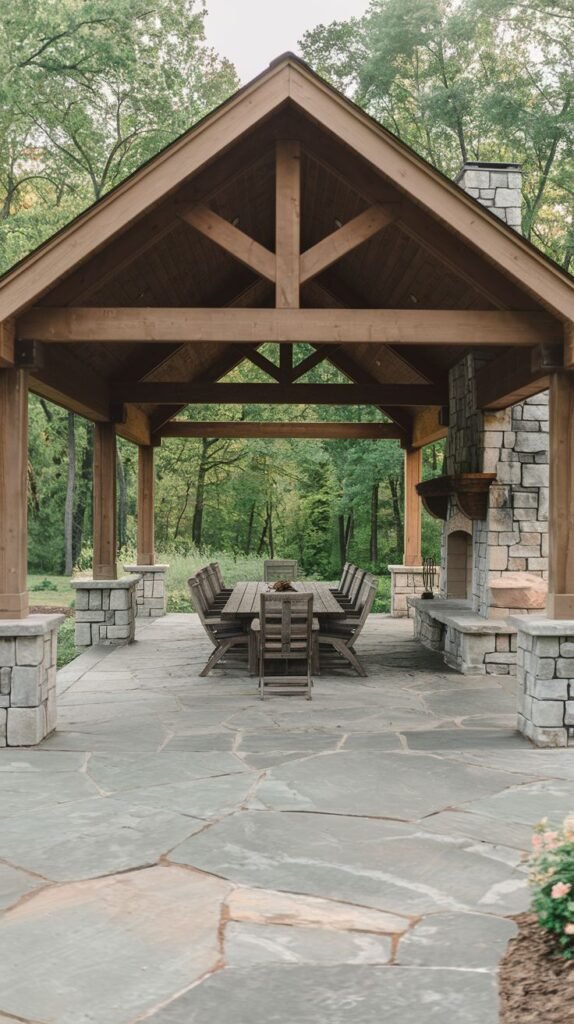 A spacious covered pavilion featuring prominent wooden trusses and stone columns. A long, rustic wooden dining table and chairs sit in the center on large, irregular gray flagstone paving. A stacked stone fireplace with a long hearth is positioned on the right.