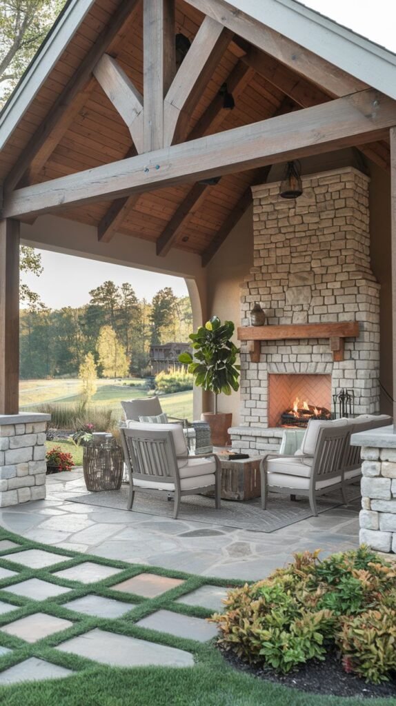 A rustic-modern covered pavilion featuring light stacked stone columns and a chimney, with exposed wooden trusses above. Light wood-framed seating is arranged on a rug. The floor features large square flagstone pieces separated by strips of grass leading up to the main stone patio.