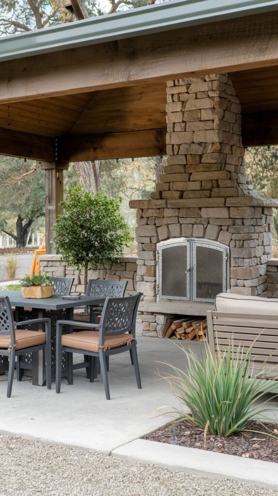 A covered outdoor patio featuring a large stone fireplace with stacked firewood beneath the hearth and a protective metal screen. A dark metal dining table with tan cushioned chairs sits on a concrete slab, bordered by gravel and mulch beds.