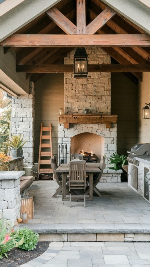 A covered outdoor cooking and dining area with a high gable roof supported by exposed timber trusses. A large stone fireplace with a wooden mantel burns beneath a suspended lantern, flanked by a built-in grill station and low stone walls. The floor is paved with large gray flagstones.