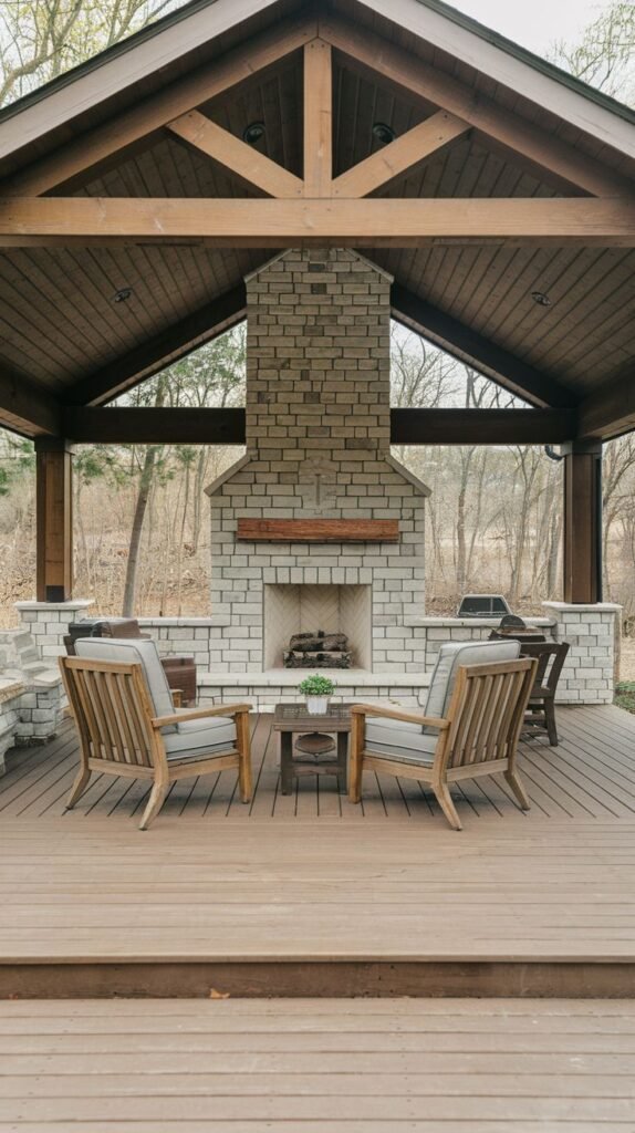 A rustic pavilion featuring exposed wooden trusses under a gable roof. The central fireplace uses white stacked stone on the bottom half and contrasting light brick on the upper chimney. Two wooden armchairs with light cushions sit facing the hearth on the wood deck.