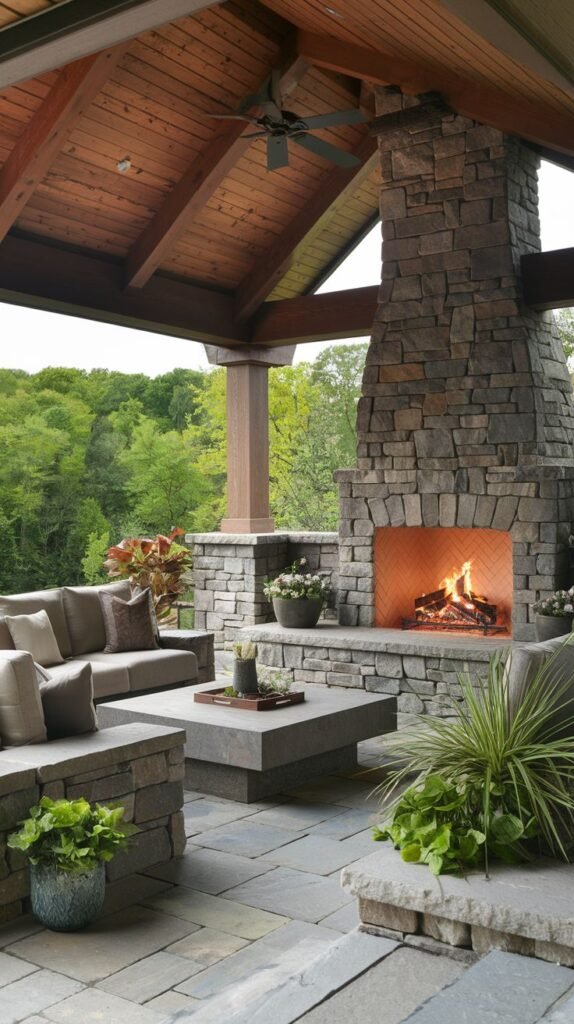 A luxurious covered outdoor lounge area with a vaulted wood plank ceiling and a ceiling fan. A massive stacked stone fireplace anchors the space, with a dark, low coffee table and light-colored sectional seating arranged on gray stone pavers.