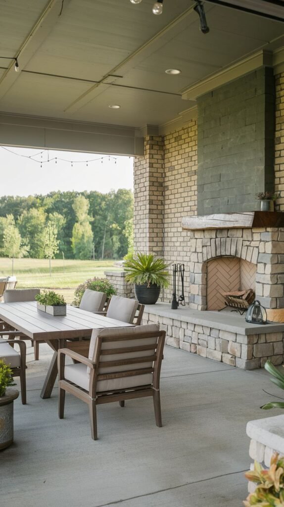 A covered porch with light brick columns and a smooth ceiling, featuring an outdoor fireplace built on a stone base. The chimney section above the wood mantel is dark teal/green. A light wooden outdoor dining set sits on the concrete floor, with string lights visible overhead.