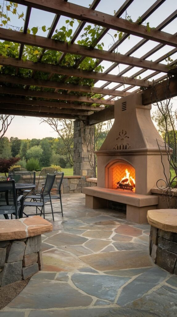A Southwestern-style outdoor space beneath a wooden pergola draped with vines. The centerpiece is a smooth, earthen-toned stucco fireplace with a built-in bench. The flooring consists of large, irregular, multi-colored flagstone pavers.