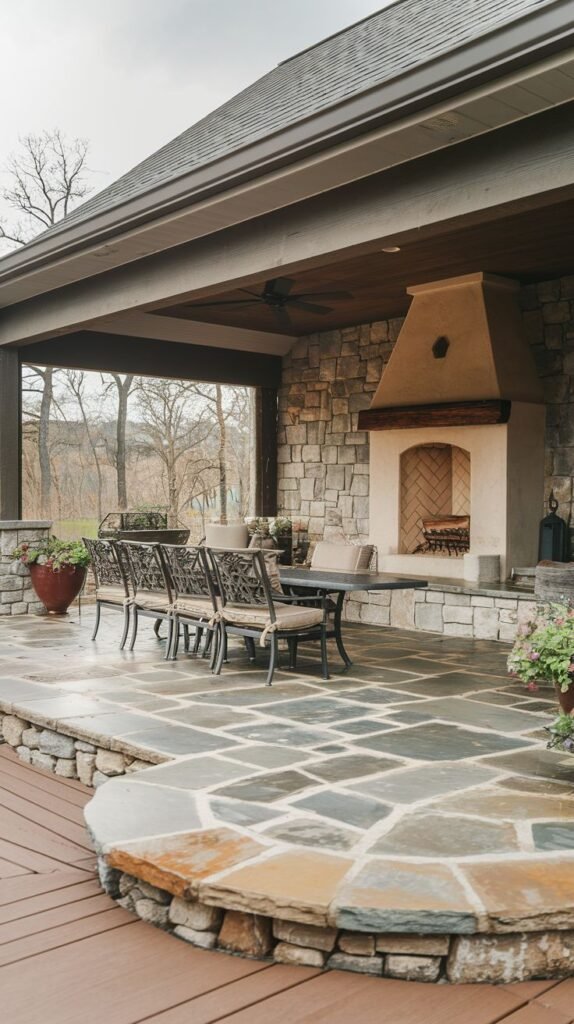 A large covered patio featuring a rustic stone fireplace with a smooth, tapered stucco hood and a herringbone brick firebox. An outdoor dining set rests on dark, squared flagstone pavers. The patio is slightly elevated from the surrounding dark wood decking.