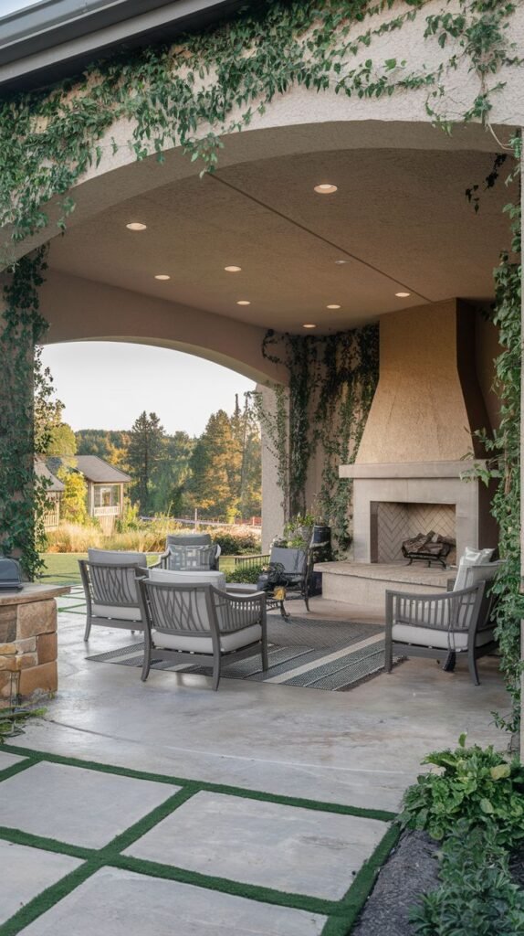 A covered patio featuring a wide archway entrance draped with climbing vines on the stucco structure. A smooth, light stucco fireplace with a hearth is visible, flanked by modern cushioned seating arranged on an outdoor rug. The floor is concrete pavers separated by strips of grass or turf.
