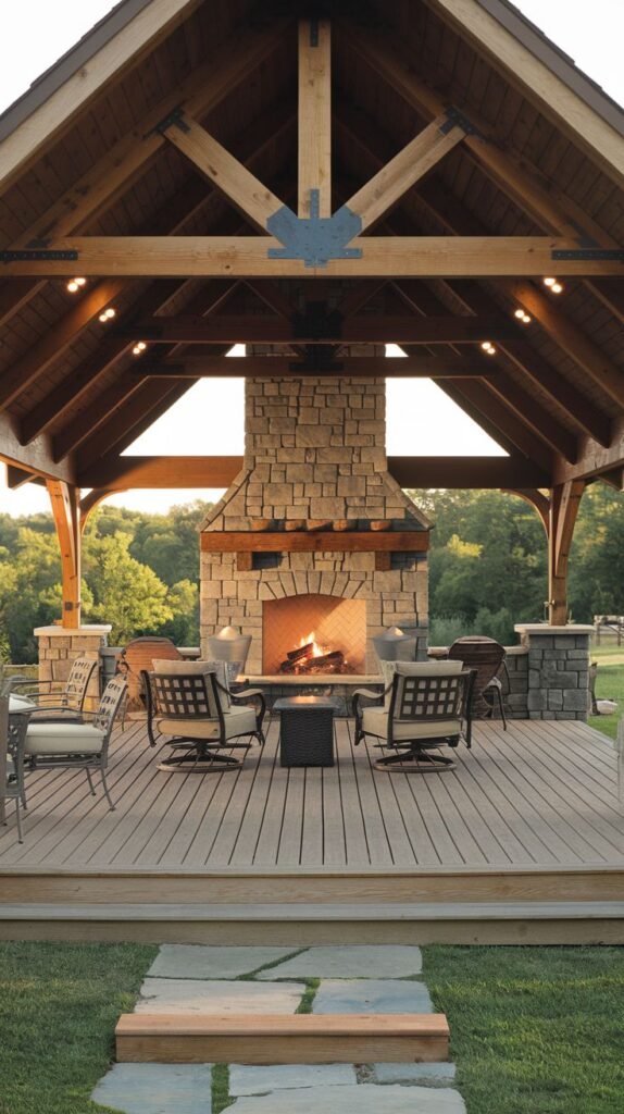 A timber-framed pavilion on a raised wooden deck with exposed trusses and recessed lighting. A stone fireplace with a rough wood mantel burns beneath a suspended fire pit insert. Four dark outdoor swivel chairs are arranged around a small central table.