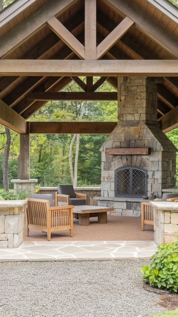 A covered outdoor area with a timber-framed roof structure. The focal point is a stacked stone fireplace with a dark metal arched screen and wooden mantel. The floor is reddish-brown aggregate material, surrounded by low stone walls acting as planters.