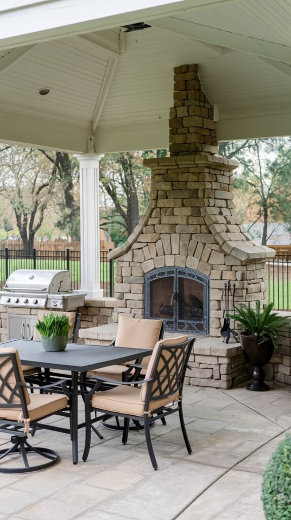 A gazebo-style covered area with white columns and a slatted ceiling. A curved, rounded stone fireplace with a dark metal screen is situated next to a large stainless steel grill. A dark metal dining set with tan cushions sits on light-colored pavers.