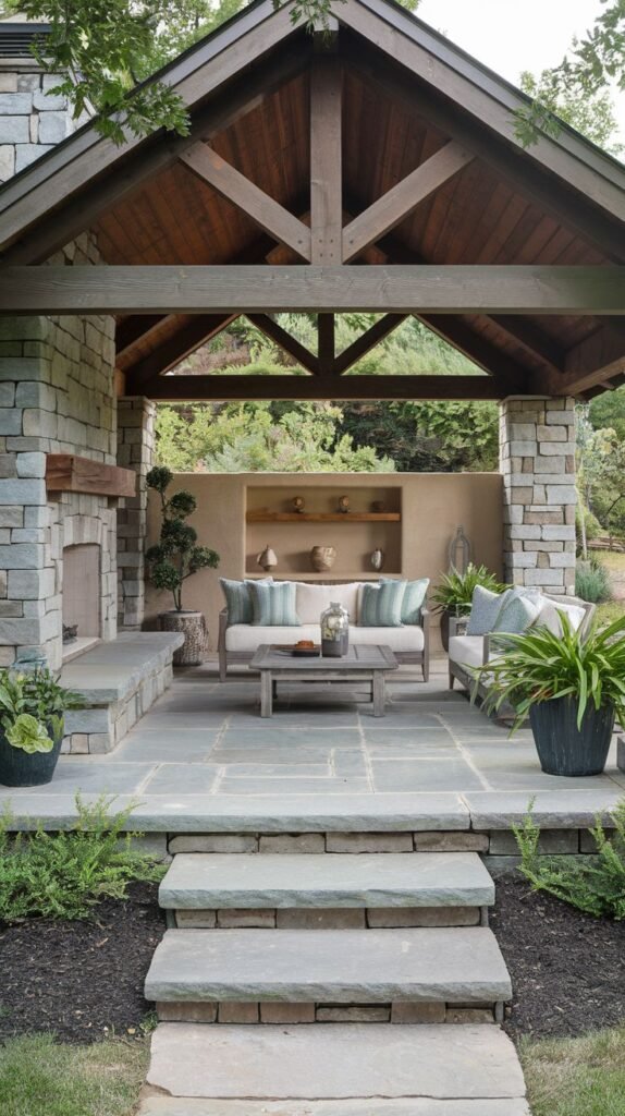 A covered outdoor room with heavy timber trusses and smooth stone flagstone flooring. The space is framed by stone columns and features a recessed alcove/niche with display shelves on the back stucco wall. A small stone fireplace is built into the left pillar.