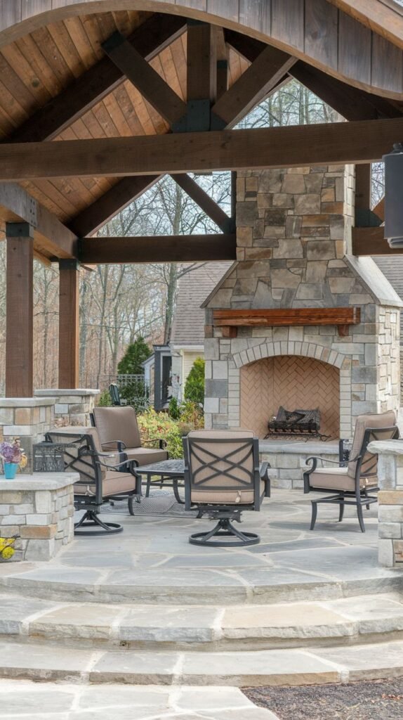 A covered circular outdoor pavilion defined by curved stone steps and paving. The roof features massive exposed wooden beams. A large stone fireplace with an arched brick firebox is centered, surrounded by four dark metal swivel chairs.