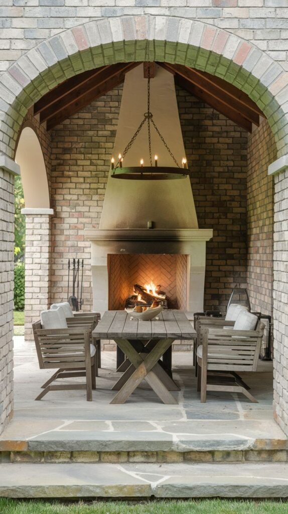 An intimate covered brick patio defined by wide brick arches and walls. A prominent stucco fireplace hood hangs over the firebox, which is burning brightly. A dark wooden dining table and two wooden armchairs are centered beneath a suspended chandelier.