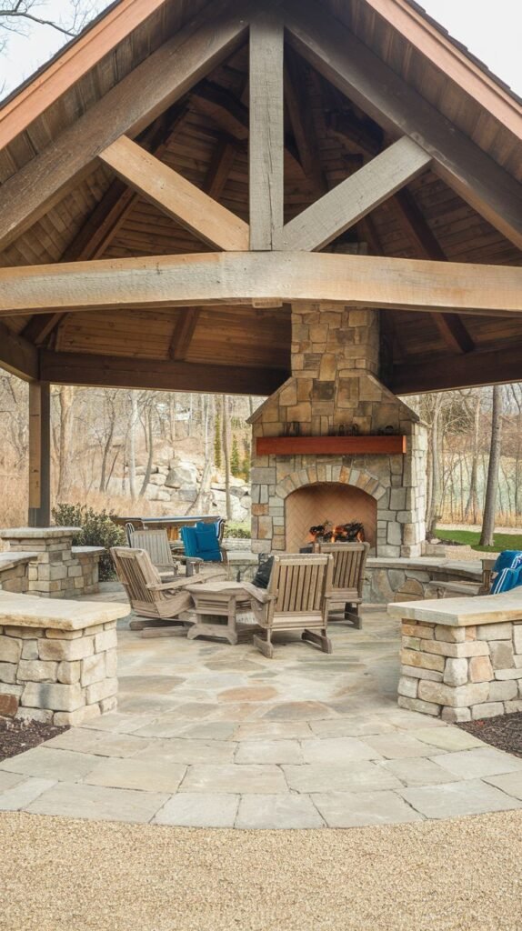 A timber-framed pavilion with a high gable roof and a prominent stone fireplace. Low stone walls define the perimeter, providing extra seating. Natural flagstone paving covers the floor, leading to a gravel border.