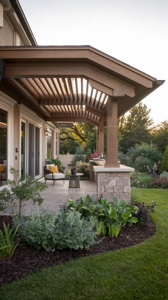 Wooden pergola structure with a multi-faceted slatted roof design, supported by large columns clad in natural, layered stacked stone, shading a patio area with small planters.