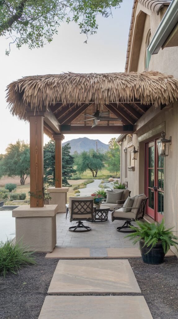 Covered patio featuring a traditional thatched or palapa roof supported by wood posts atop stucco bases, shading a small seating area in an arid, mountainous landscape.