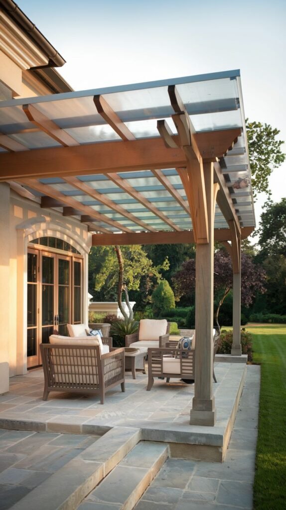 Wooden pergola with curved supports and detailed wooden posts, improved with translucent corrugated roofing panels placed above the rafters to provide rain protection over a flagstone patio.