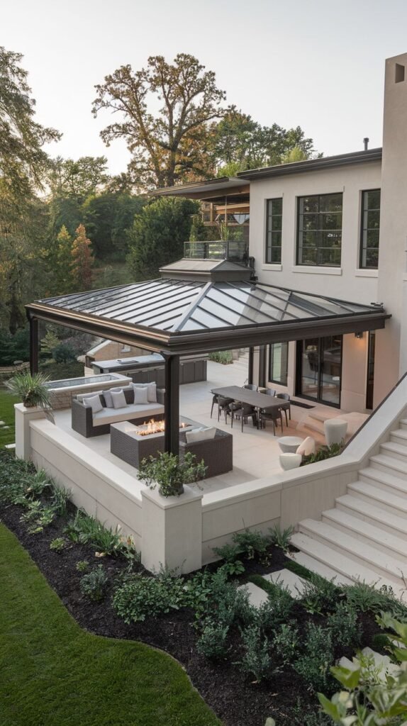 Elevated outdoor living space featuring multiple zones (seating, dining, fire pit), sheltered by a large, dark-framed conservatory with a multi-sided, pyramidal glass roof.