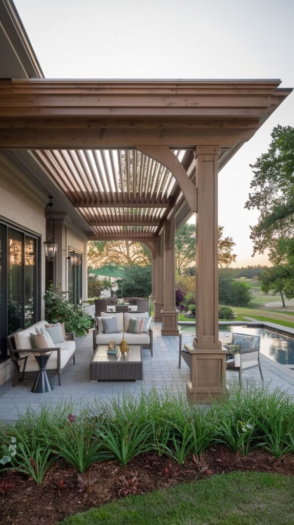 Elaborate wooden pergola with decorative bracket supports and substantial posts, featuring tight overhead beams, covering a cushioned seating area beside a swimming pool.