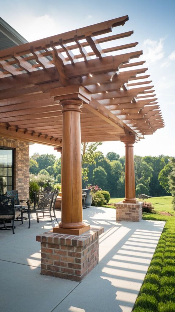 Traditional wooden pergola supported by large, rounded wooden columns that sit on prominent square bases constructed of stacked red brick, casting long shadows across the concrete patio.